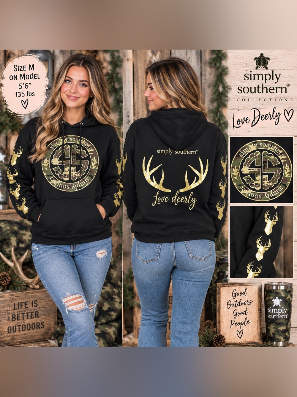 Simply Southern Black “Love Deerly” Camo & Gold Hoodie – NWT Size M